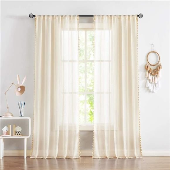 Pompom Linen Sheer Curtains for Living Room 84inches Long Decorative Natural - Picture 2 of 7